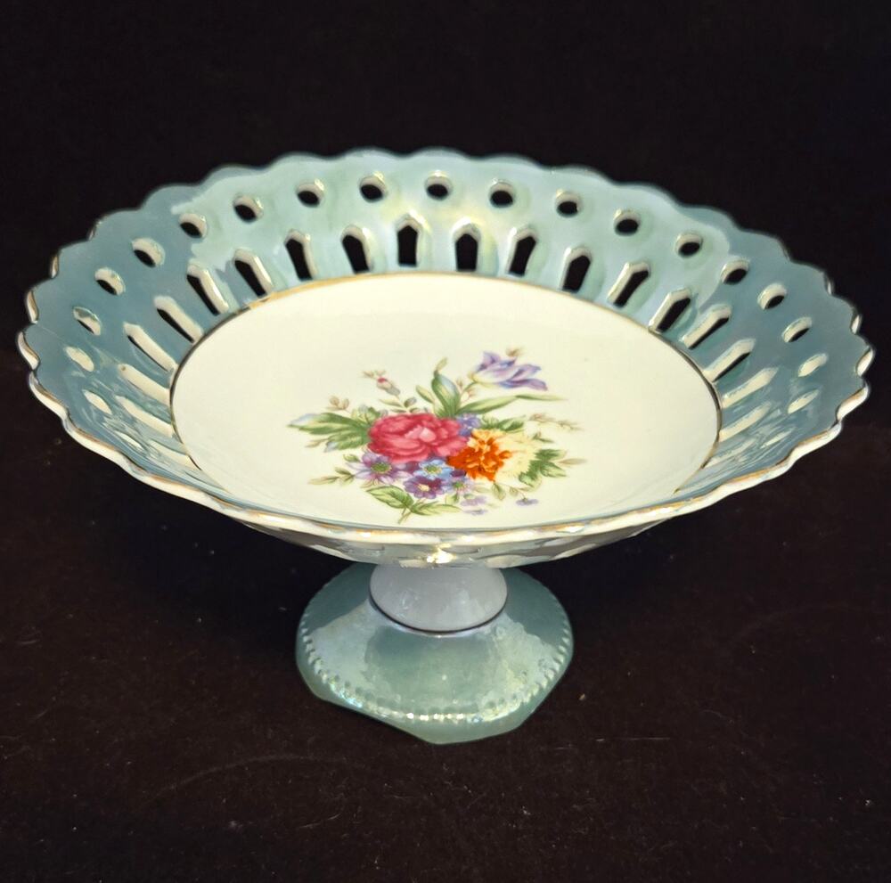 GreenWhite Floral Pierced Rim Ceramic Pedestal Cake Stand Glossy Round Japan